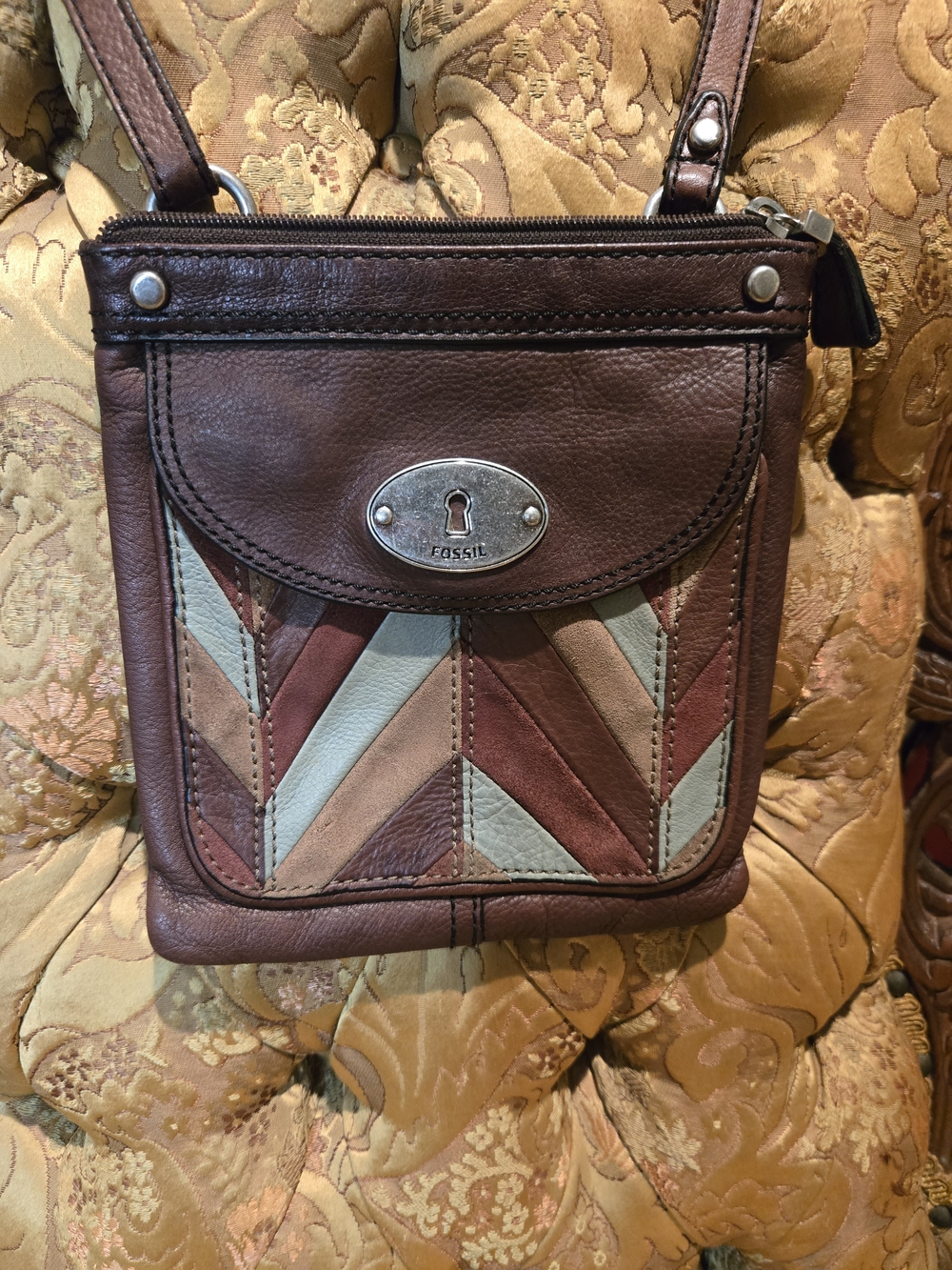 Fossil Brown Leather Crossbody Bag with Multicolor Leather/suede Chevron Panels